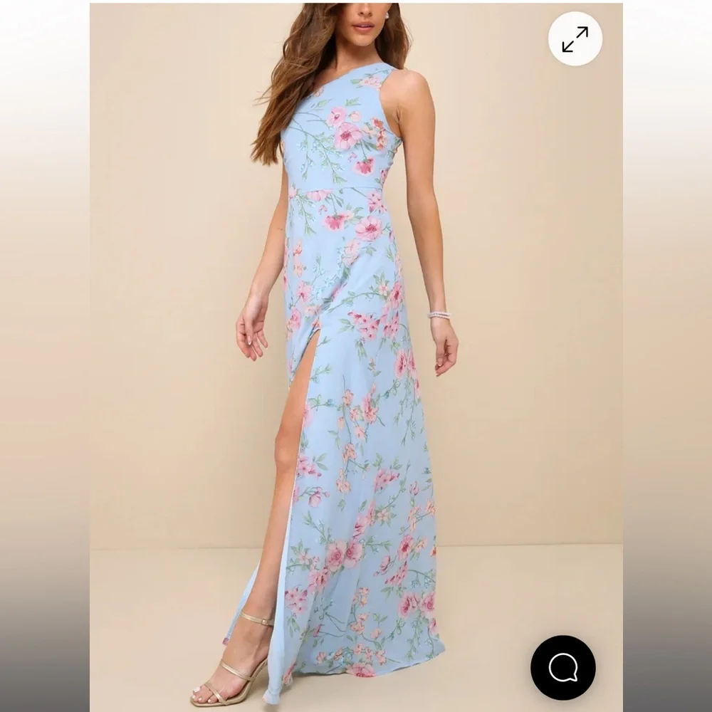 Lulus Elegant Admiration Light Blue Floral One-Shoulder Maxi Dress - Picture 2 of 6